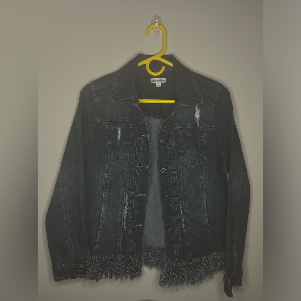 Indigo Thread Co.™ Stretch Denim Button Front Fringe Hem Distressed Jacket
